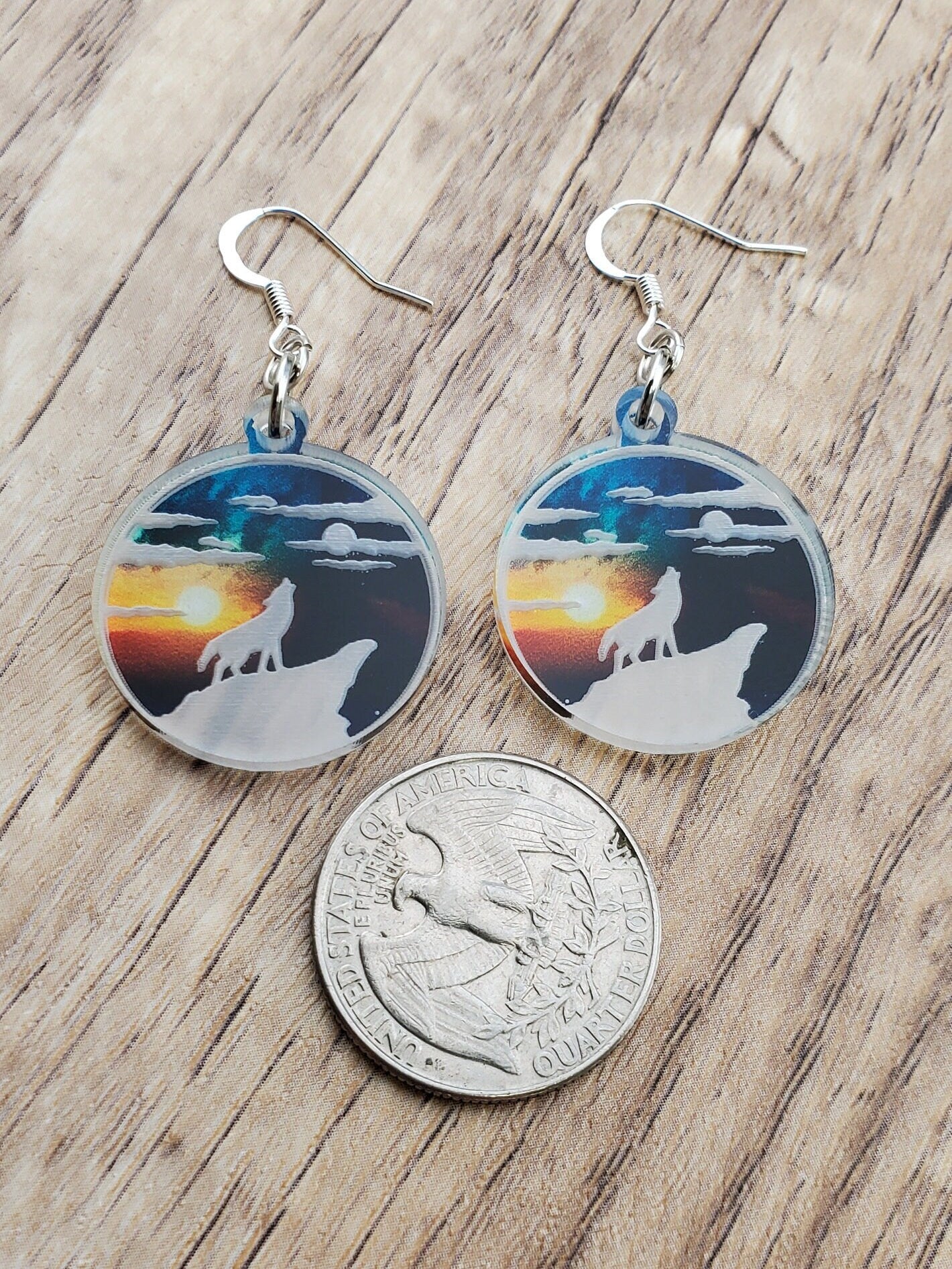 SP Howling Wolf- Sunset Sky earrings - Laser cut Lightweight Acrylic earrings - Silver Plated Hooks