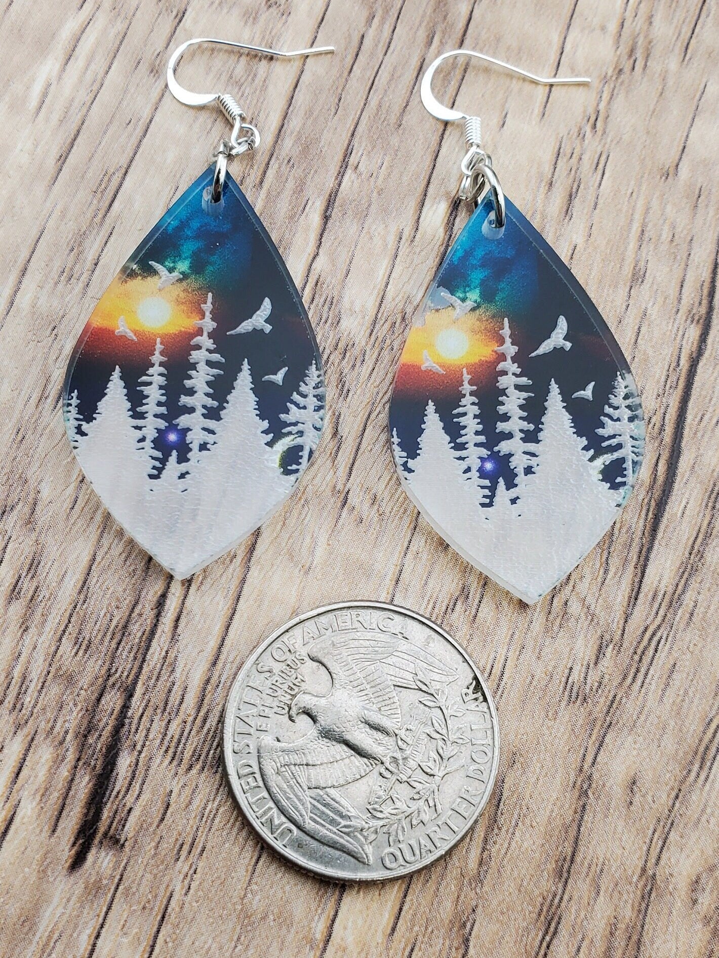 SP Mountain and Lake Sunset Sky - Laser cut Lightweight Acrylic earrings - Silver Plated Hooks