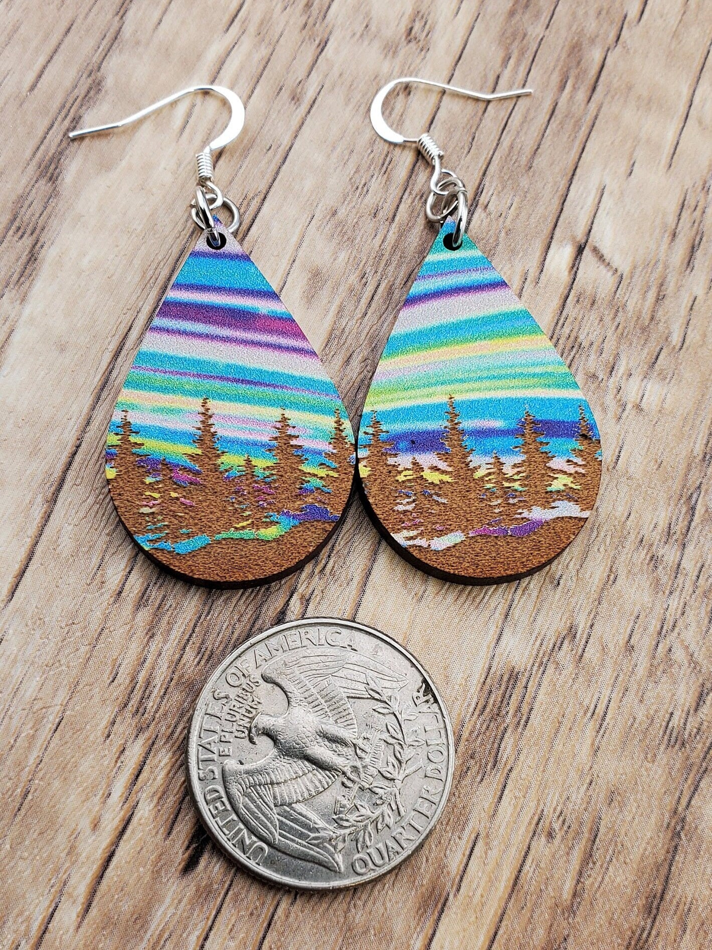 SP Colorful Tree Line earrings - Laser cut Lightweight Wood earrings - Silver Plated Hooks