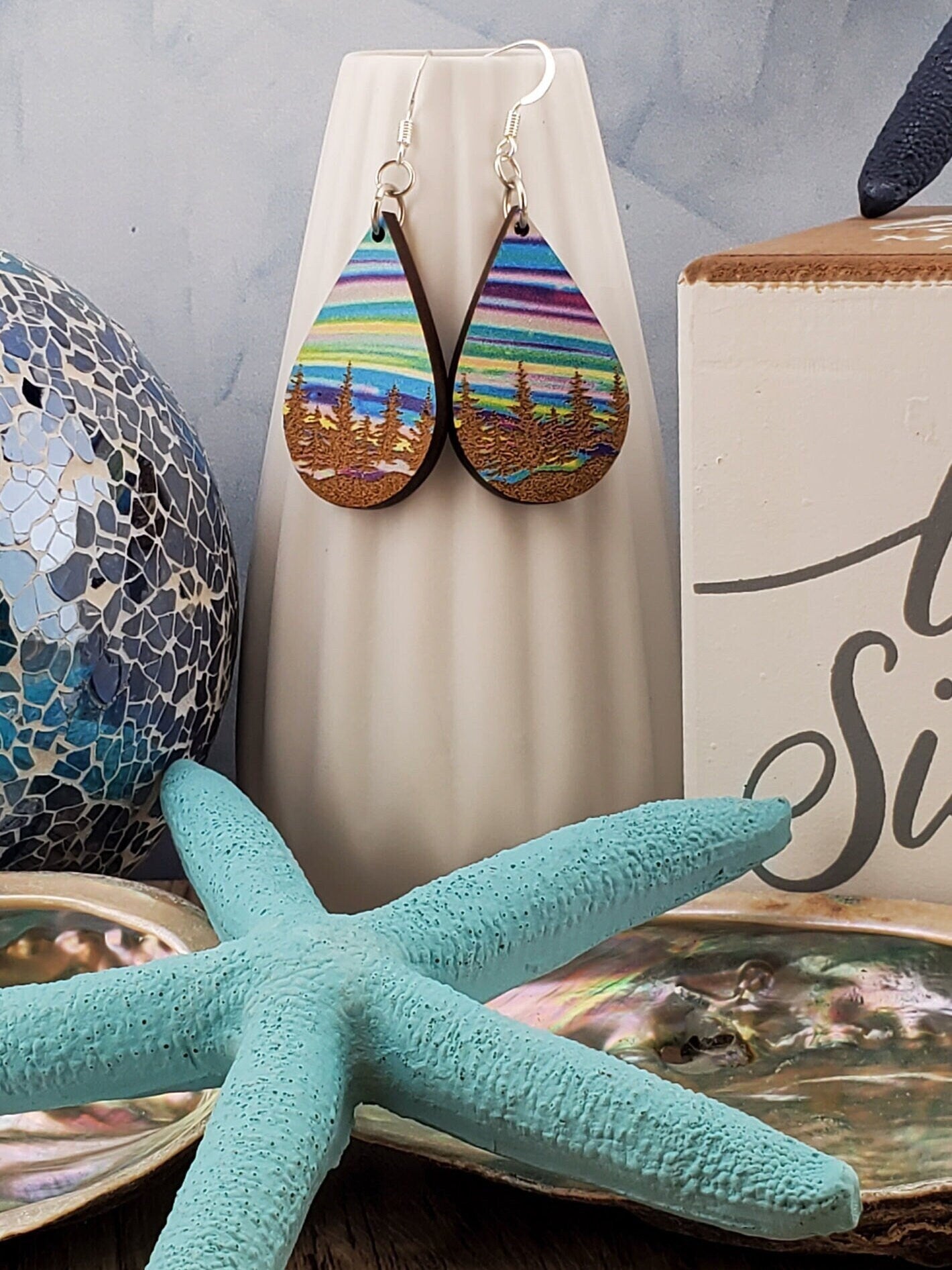 SP Colorful Tree Line earrings - Laser cut Lightweight Wood earrings - Silver Plated Hooks