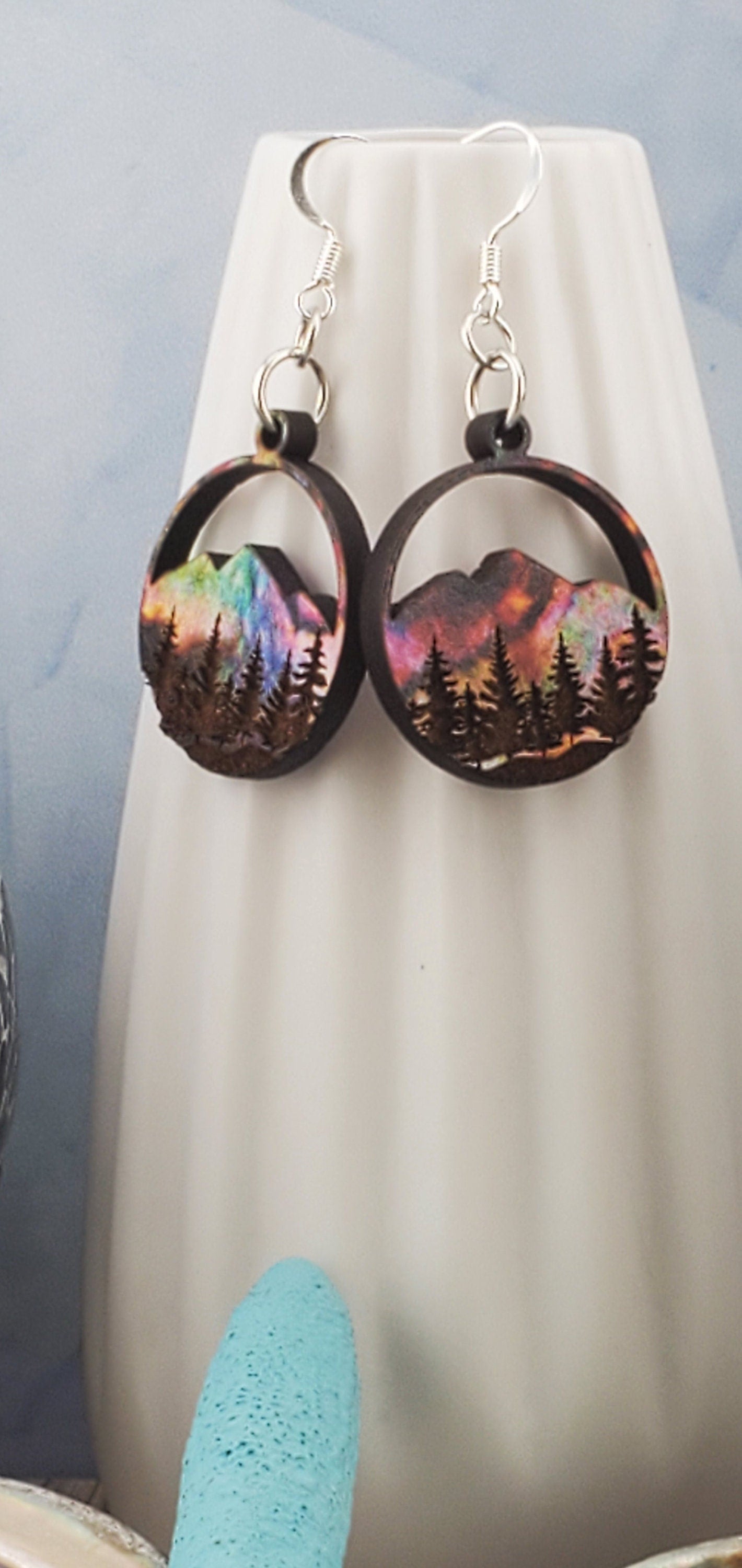 SP Northern Lights over Mountains and Forest - Laser cut Lightweight Wood earrings - Silver Plated Hooks