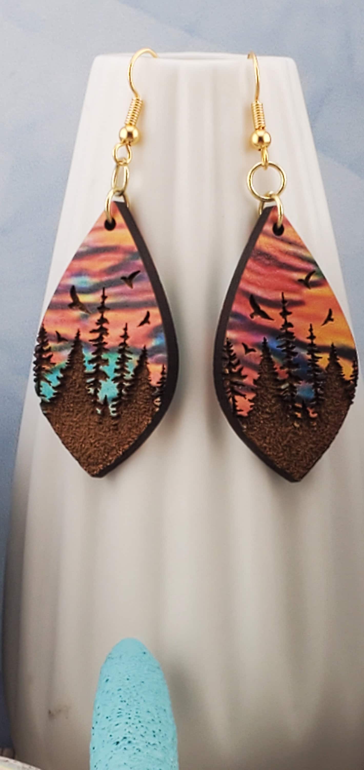 GP Colorful Tree Line - Laser cut engraved Lightweight Wood earrings - Gold Plated Hooks