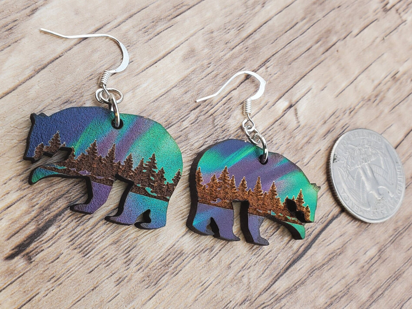 SP Northern Lights Polar Bear - Laser cut Lightweight Wood earrings - Silver Plated Hooks