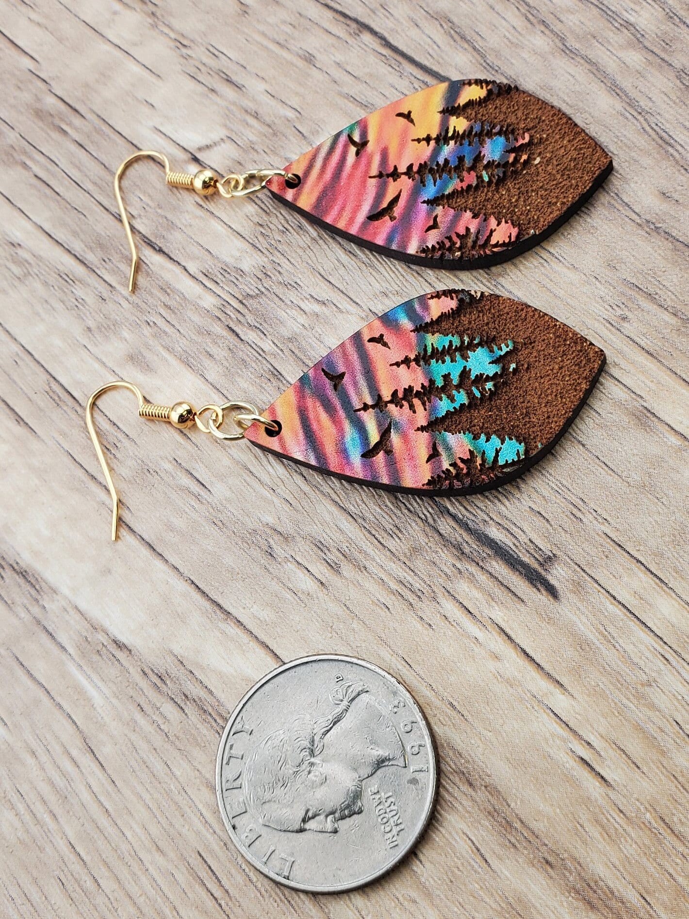 GP Colorful Tree Line - Laser cut engraved Lightweight Wood earrings - Gold Plated Hooks