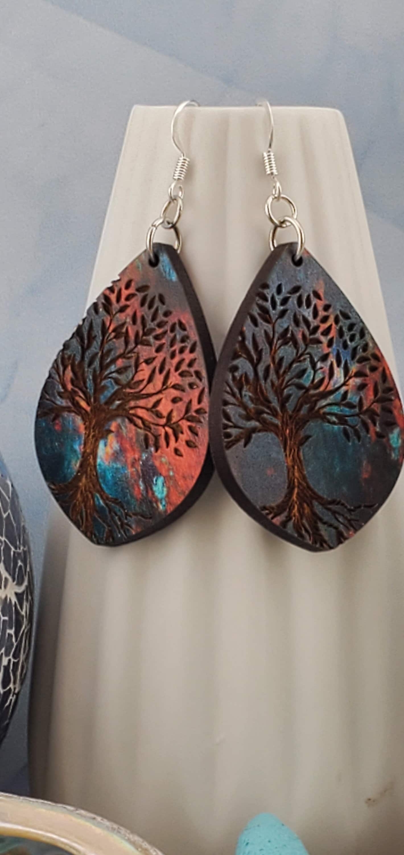 SP Magical Night Tree - Laser cut Lightweight Wood earrings - Silver Plated Hooks