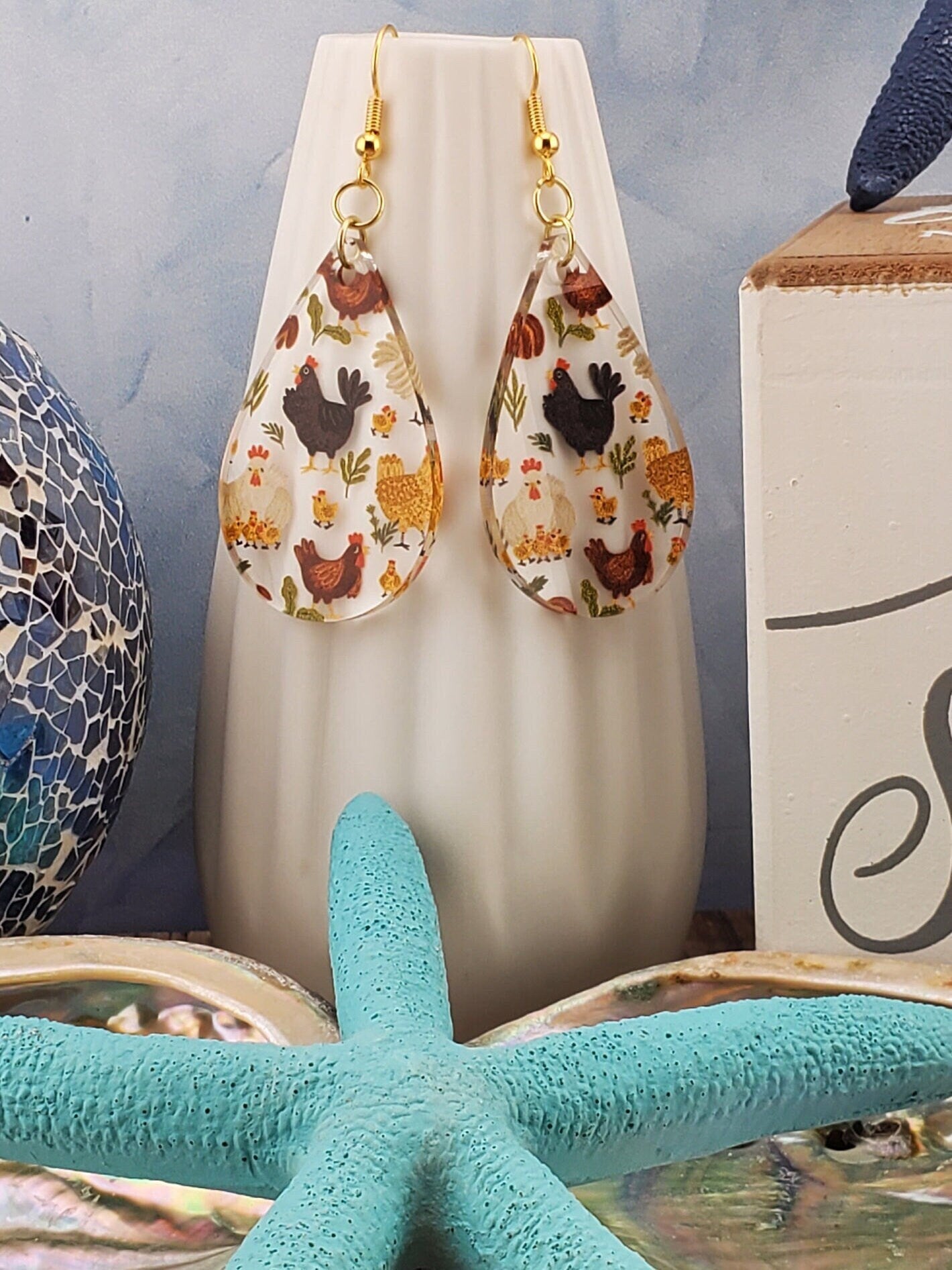 GP Feathered Friends - Chickens - Laser cut Lightweight Acrylic earrings - Gold Plated Hooks