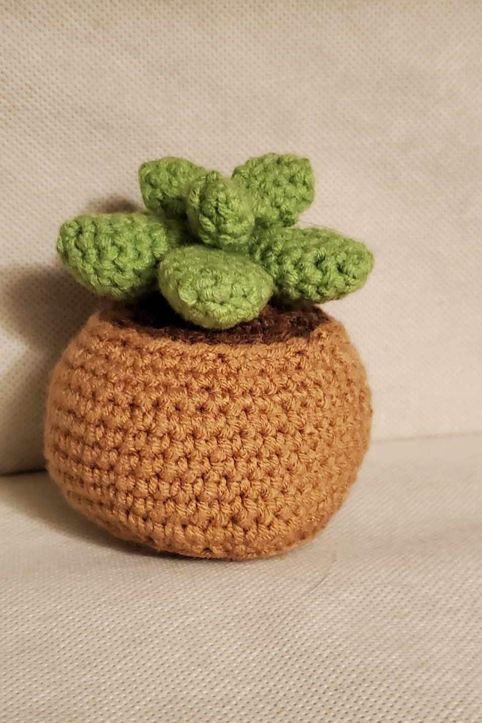 Handcrafted crochet succulent in a brown crochet pot.