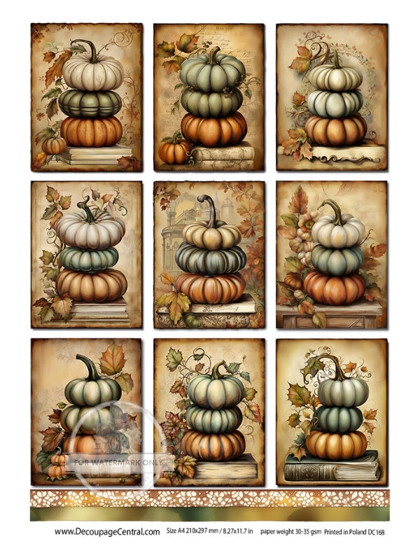A4 Little Stacked Pumpkins on books Rice Paper - Fall, Autumn