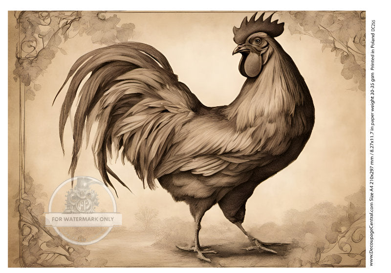 A4 Sepia Rooster Rice Paper