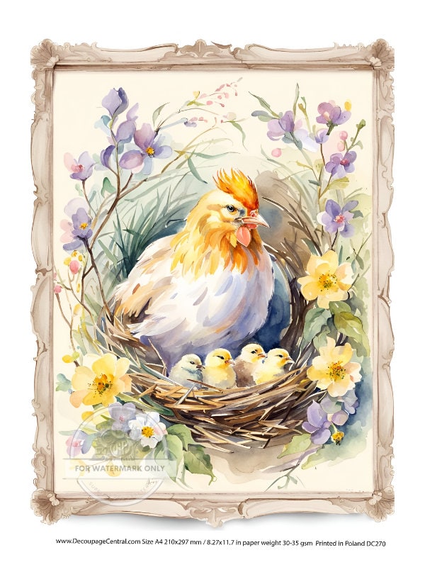 A4 Spring Hen on Nest with Flowers Rice Paper