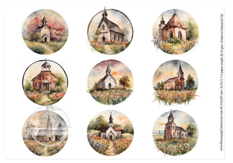 A4 Church Circles Rice Paper in a Country Scene