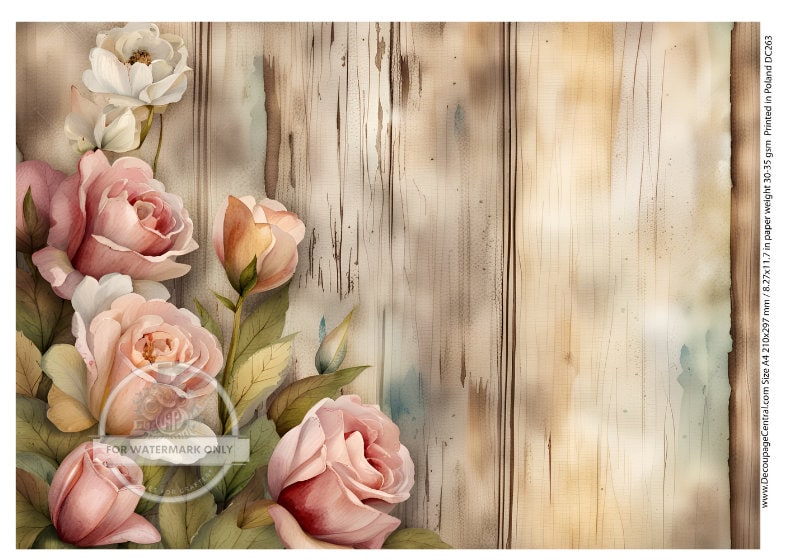 A4 Shiplap and Roses Decoupage Rice Paper