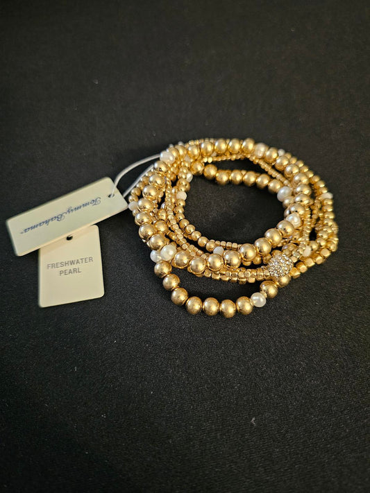 Elegant Tommy Bahama Gold and Pearl Stretch Bracelet Set