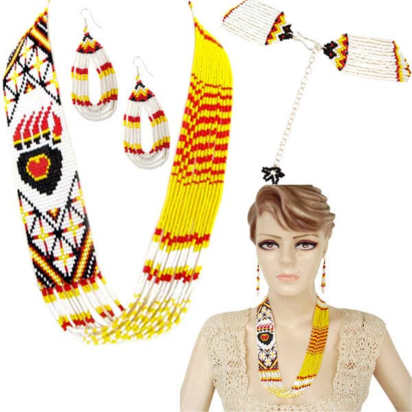 Handmade Beaded Yellow Bear Paw Layered Necklace Earrings Set