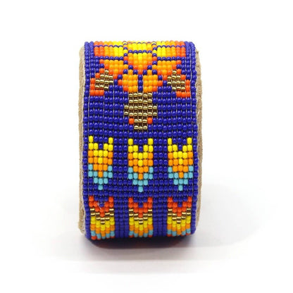 Blue Orange Turtle Seed Bead Bracelet Hard Cuff Wide Leather