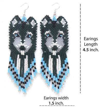 Handmade Beaded Green Blue Wolf Hook Earrings