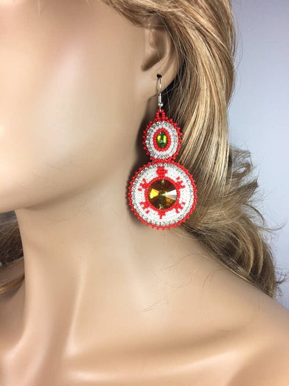 BEADS CORNER - Handmade Beaded Off White Red Turtle Dangle Fashion Hook Earrings