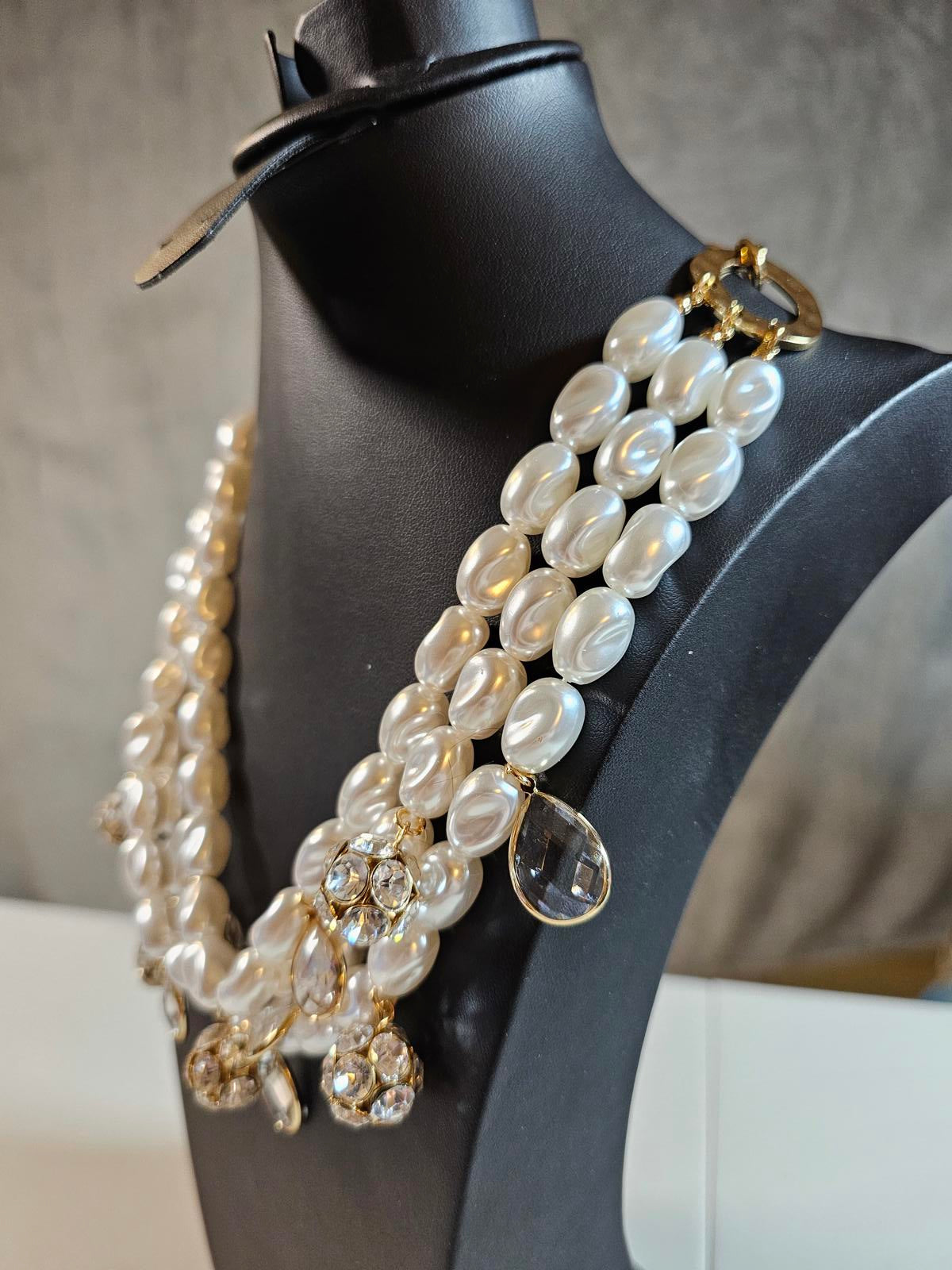 Elegant Triple Strand Faux Pearl Necklace with Crystal Accents