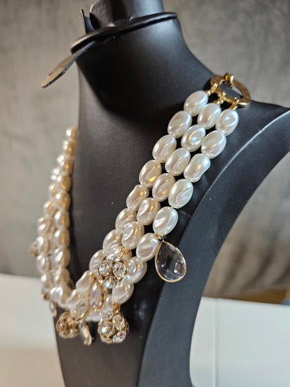 Elegant Triple Strand Faux Pearl Necklace with Crystal Accents