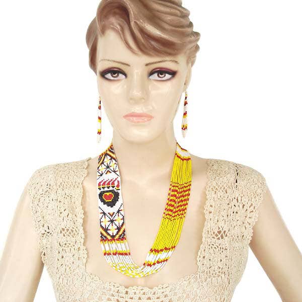 Handmade Beaded Yellow Bear Paw Layered Necklace Earrings Set