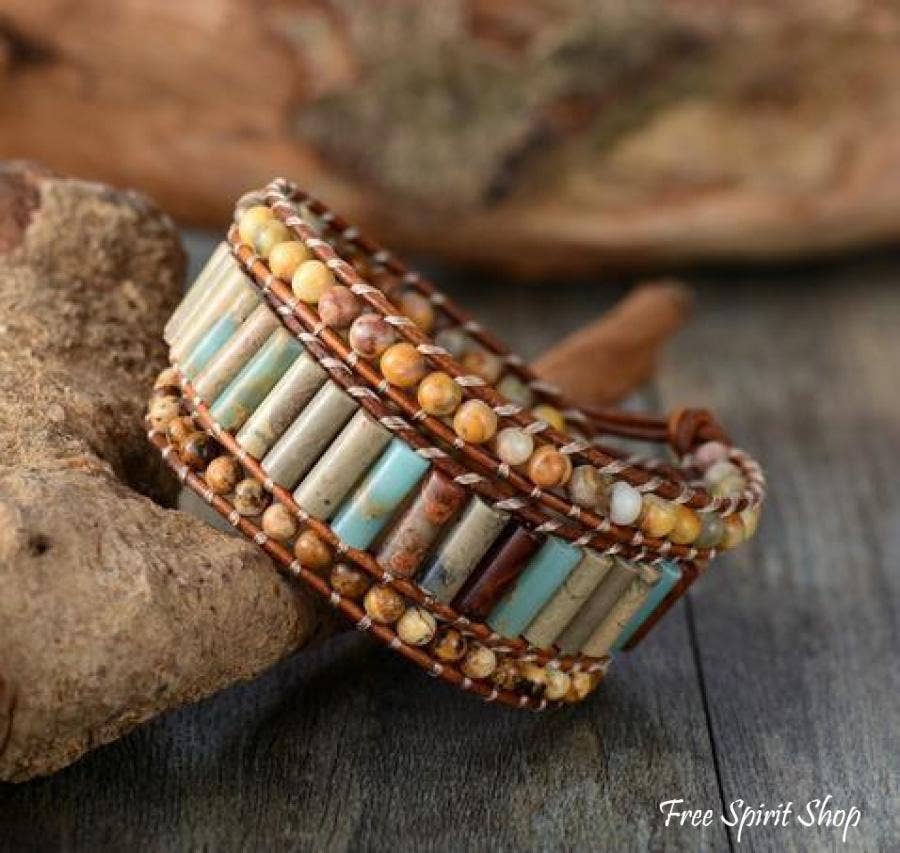 Natural Jasper Leather Wrap Sunflower Bracelet