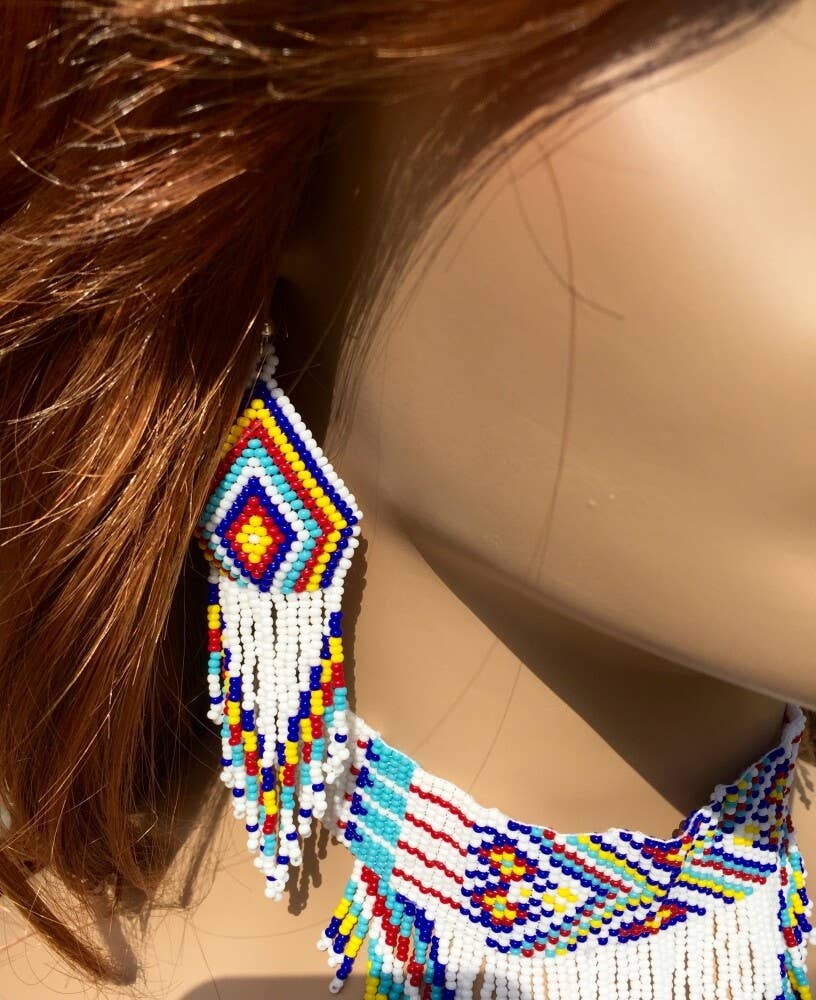 Handmade Beaded White Necklace Earrings Set