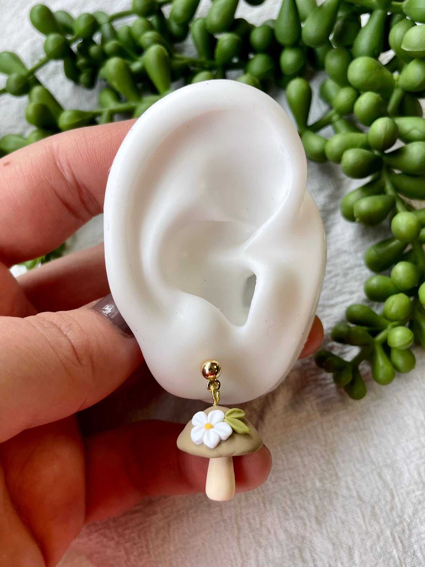 Floral mushroom clay dangle earrings