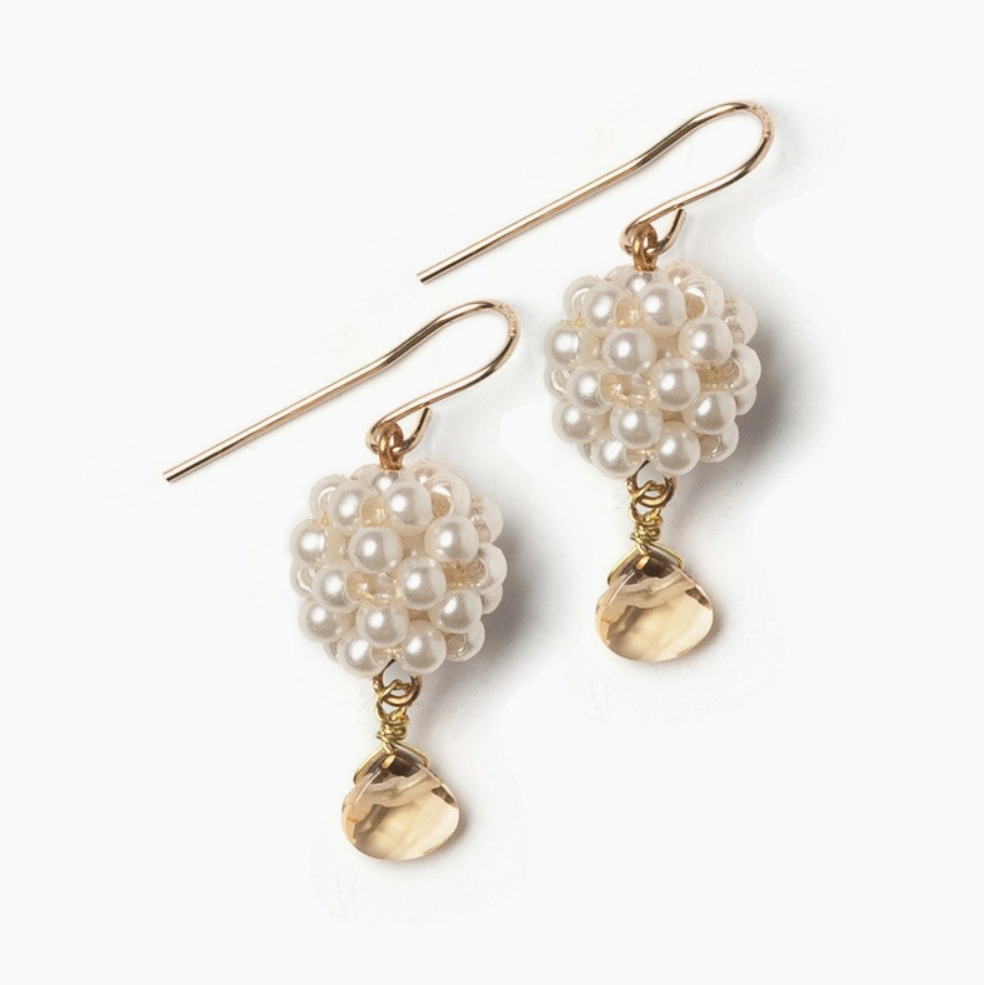 Pearly Ball Earrings in Citrine or Emerald