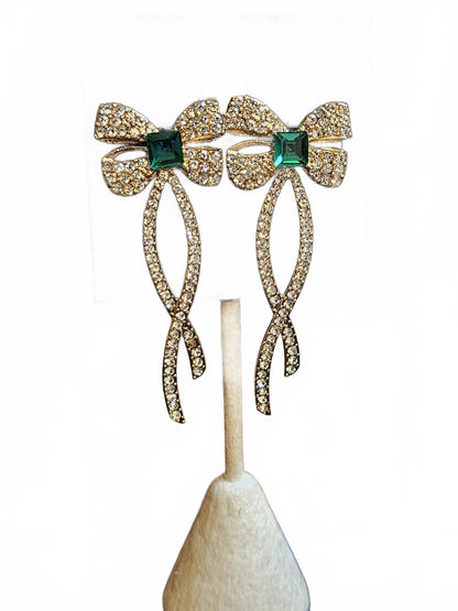 Elegant Gold Bow Earrings with Green Stone
