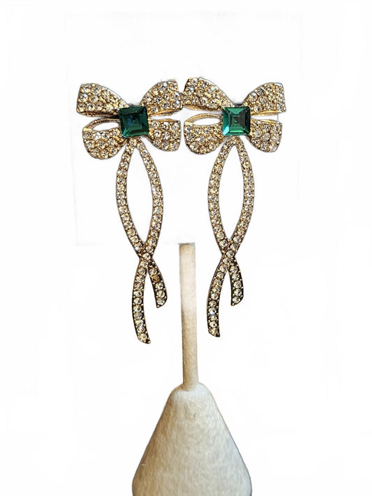 Elegant Gold Bow Earrings with Green Stone