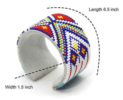 White Red Blue Geometric pattern handmade beaded cuff