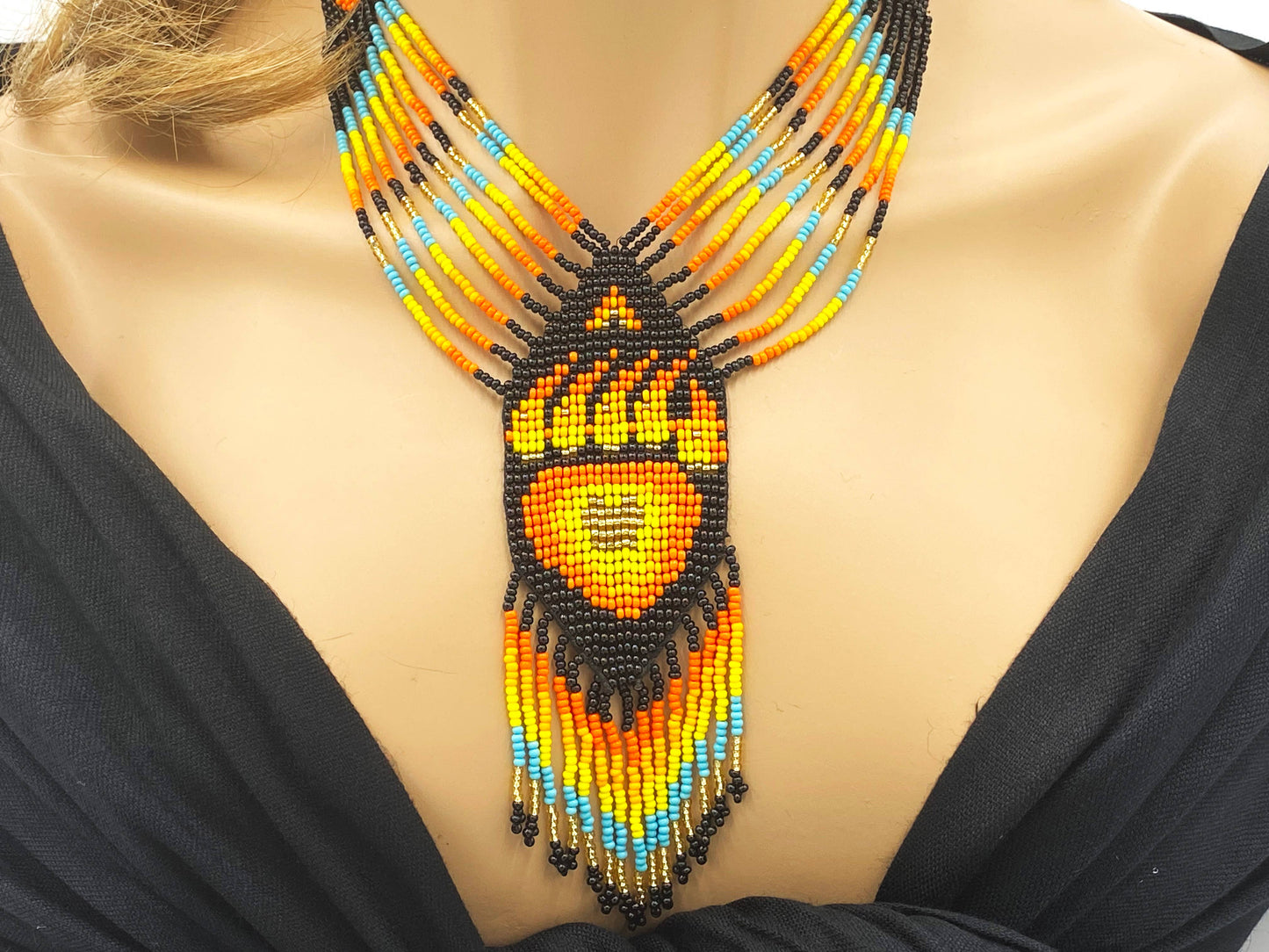 Handmade Orange Black Beaded Bear Paw Necklace Earrings Set