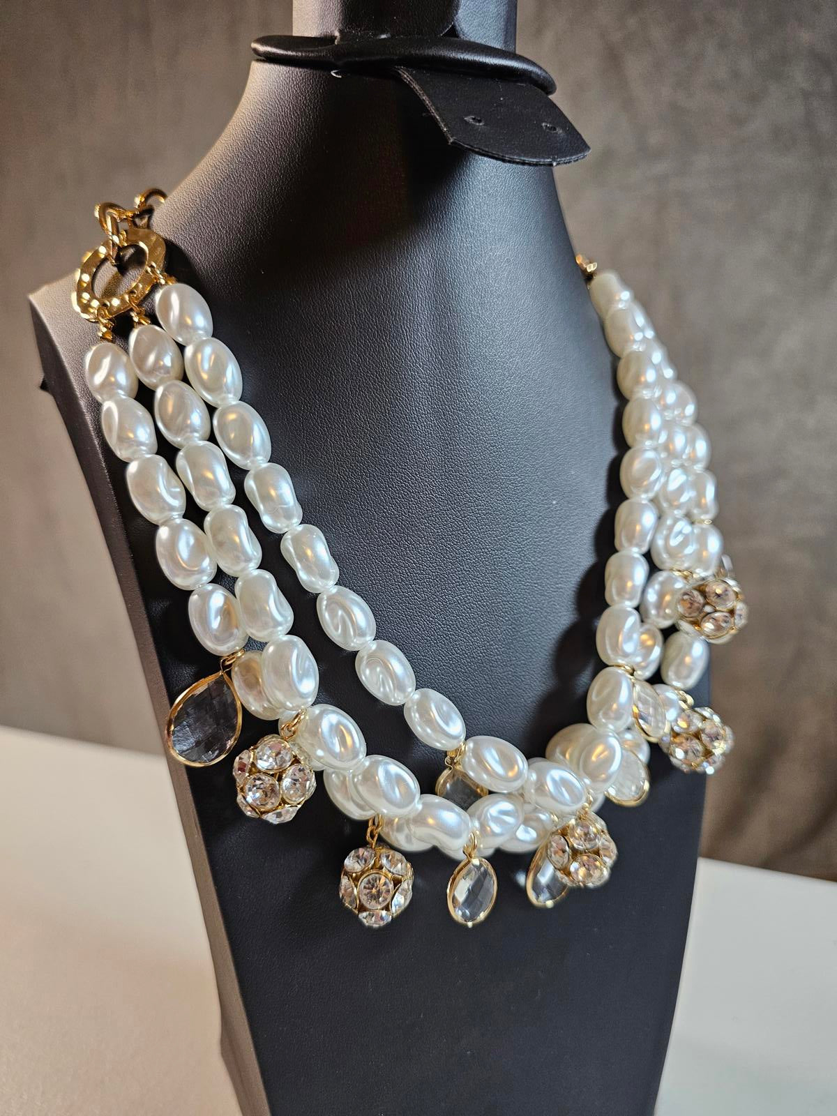 Elegant Triple Strand Faux Pearl Necklace with Crystal Accents