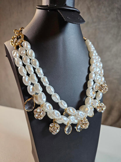 Elegant Triple Strand Faux Pearl Necklace with Crystal Accents