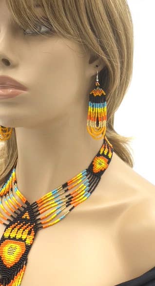 Handmade Orange Black Beaded Bear Paw Necklace Earrings Set