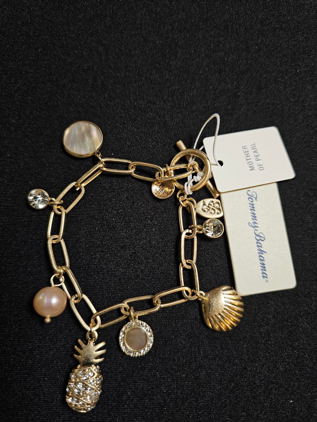 Tommy Bahama Gold Tone Charm Bracelet with Pineapple & Shells