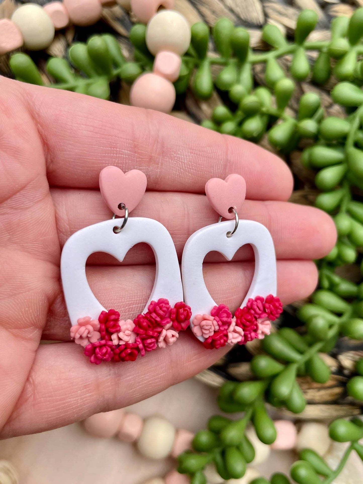 Floral Heart Valentines Day clay dangle earrings