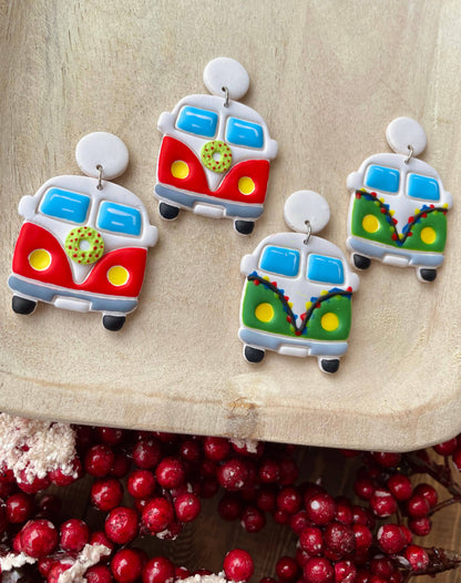 Christmas hippie van handmade polymer clay dangle earrings