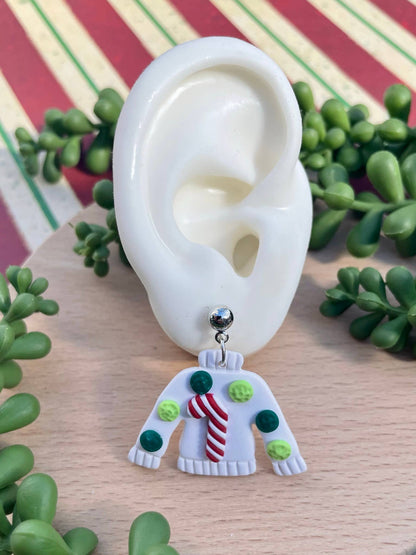 Ugly white Christmas sweater clay dangle earrings