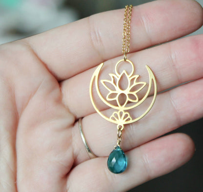 Lotus Flower Necklace, Louts Crescent Moon Necklace