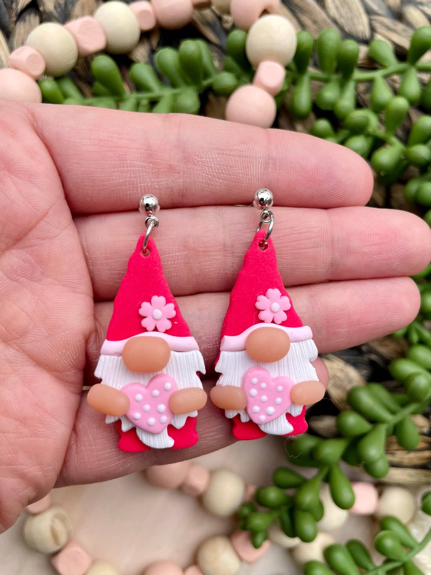 Valentines Day gnome clay dangle earrings