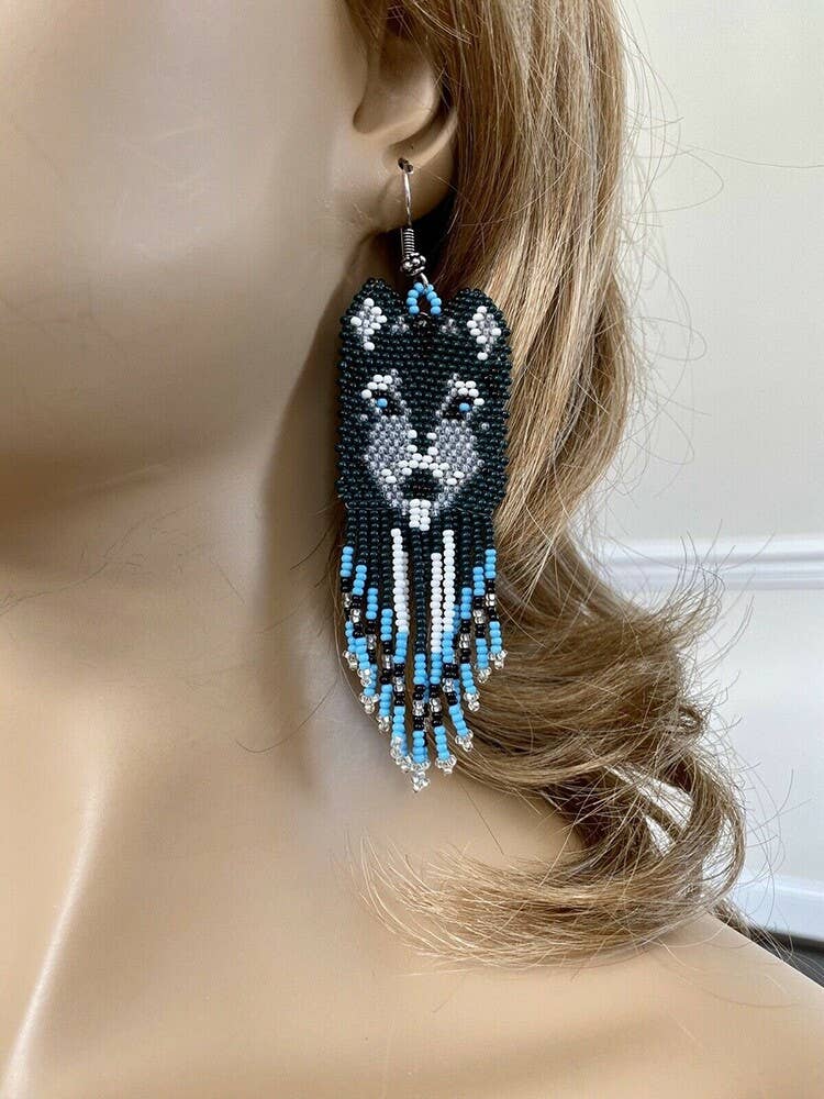 Handmade Beaded Green Blue Wolf Hook Earrings