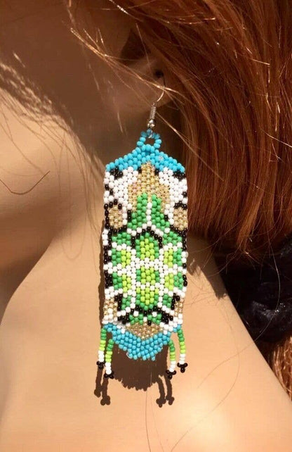 Green Gold Seed Beaded Turtle Beadwork Necklace Earrings