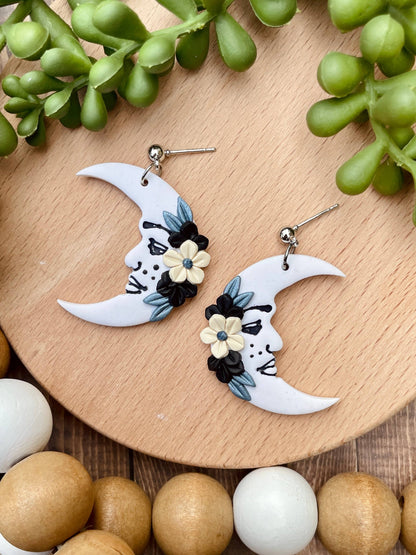 Floral freckled moon clay dangle earrings