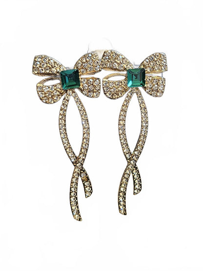 Elegant Gold Bow Earrings with Green Stone