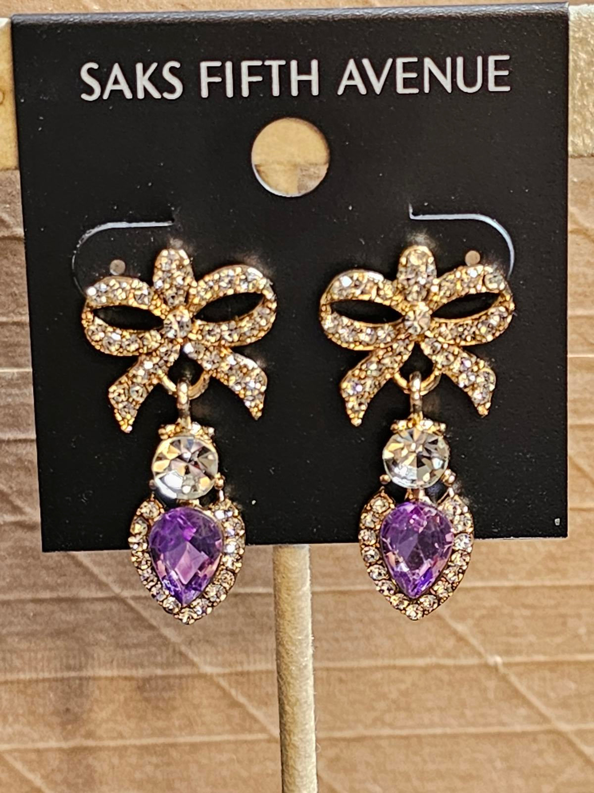 Elegant Saks Fifth Avenue Purple Crystal Bow Earrings