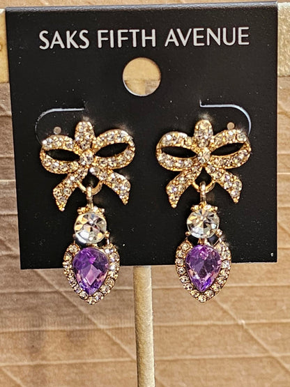 Elegant Saks Fifth Avenue Purple Crystal Bow Earrings