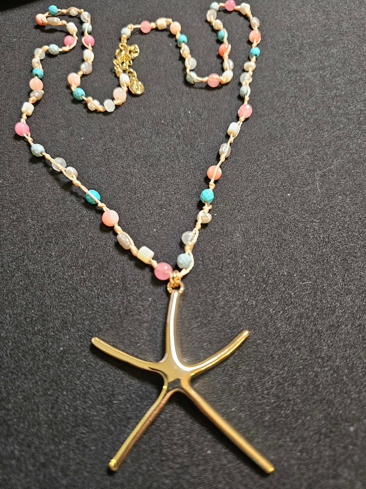 Gold Starfish Pendant Necklace with Colorful Beads