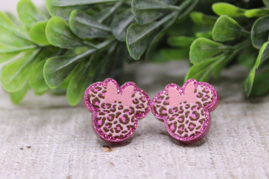 Hylidae Boutique - Pink Glitter Leopard Mouse with Bow Stud Earrings