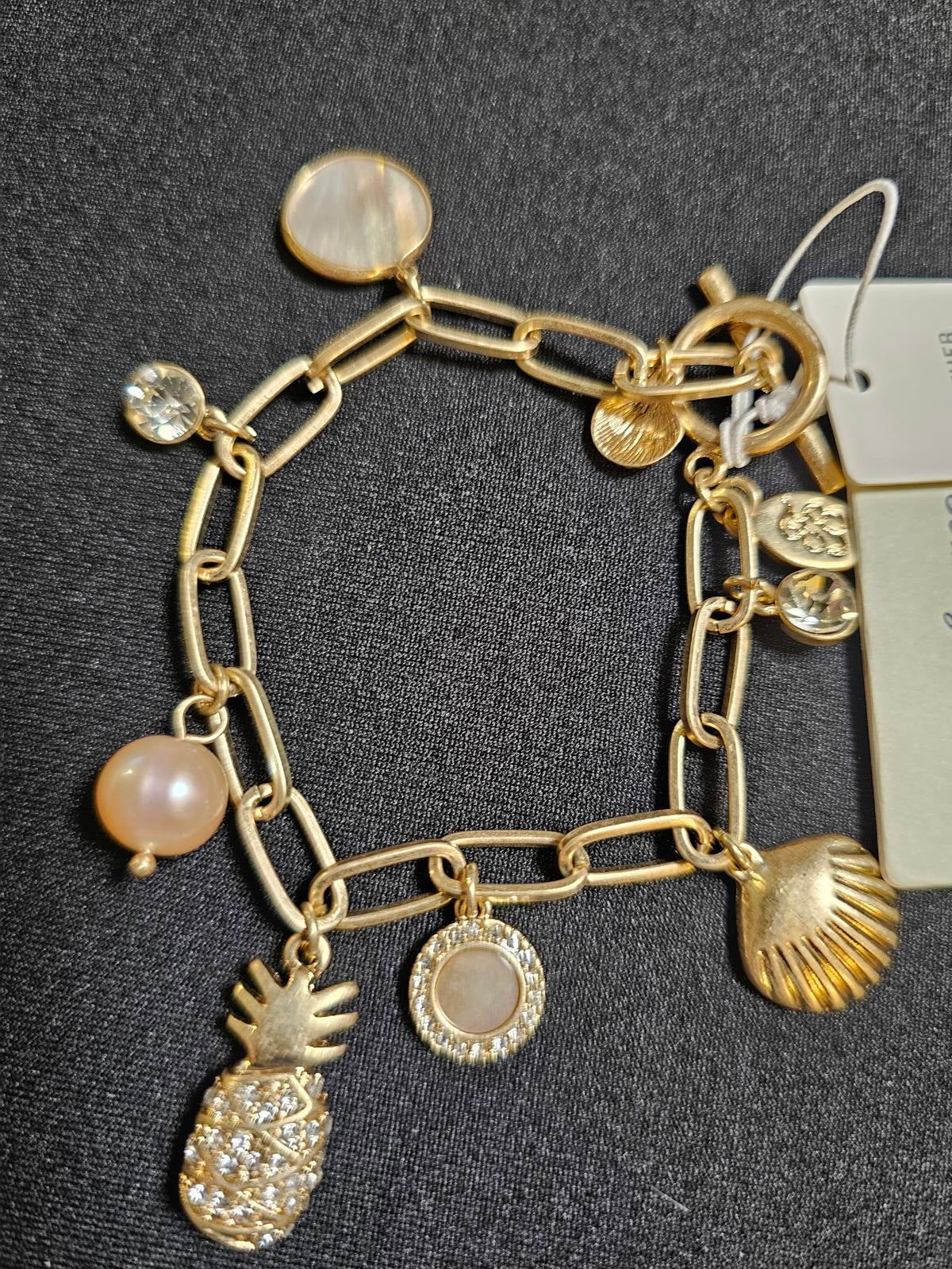 Tommy Bahama Gold Tone Charm Bracelet with Pineapple & Shells